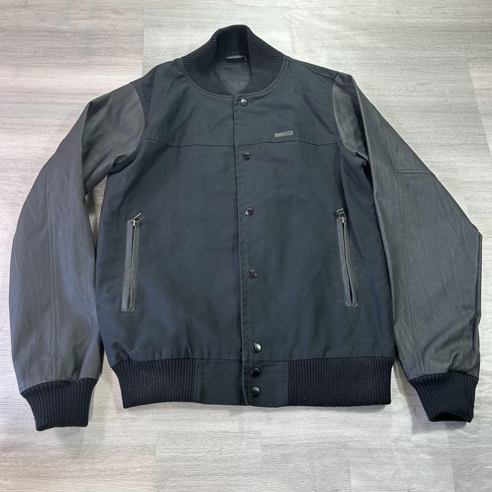 KR3W Jacket Mens Small Black Varsity Bomber Canvas Zip‎ Pockets Lined Snap Front